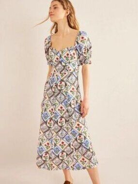Boden Midi Dress Blue Tile Floral Patchwork Print Cap Sleeve Cottagecore